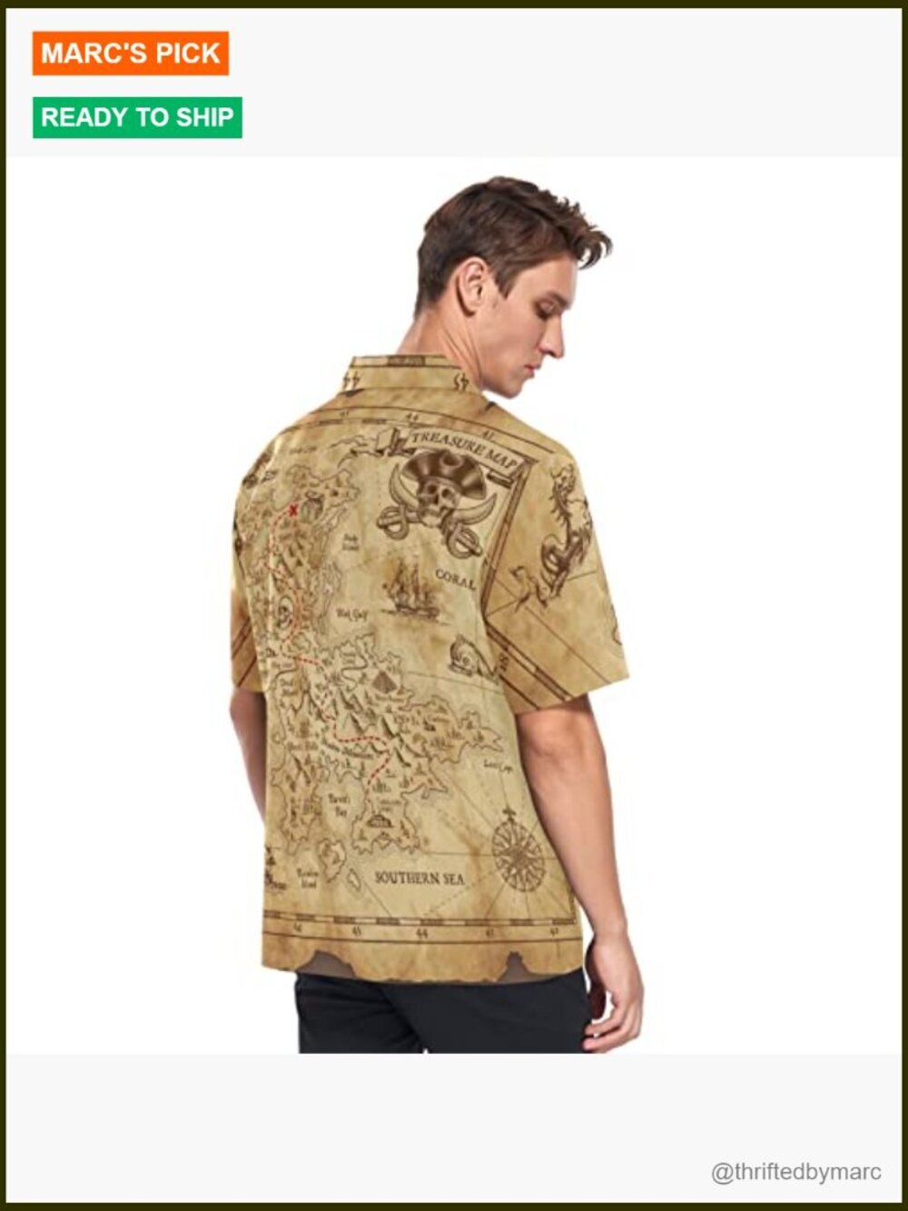 Men's Retro Pirates Treasure Map Short Sleeve Button Down Shirt Summer Beach - Picture 4 of 6